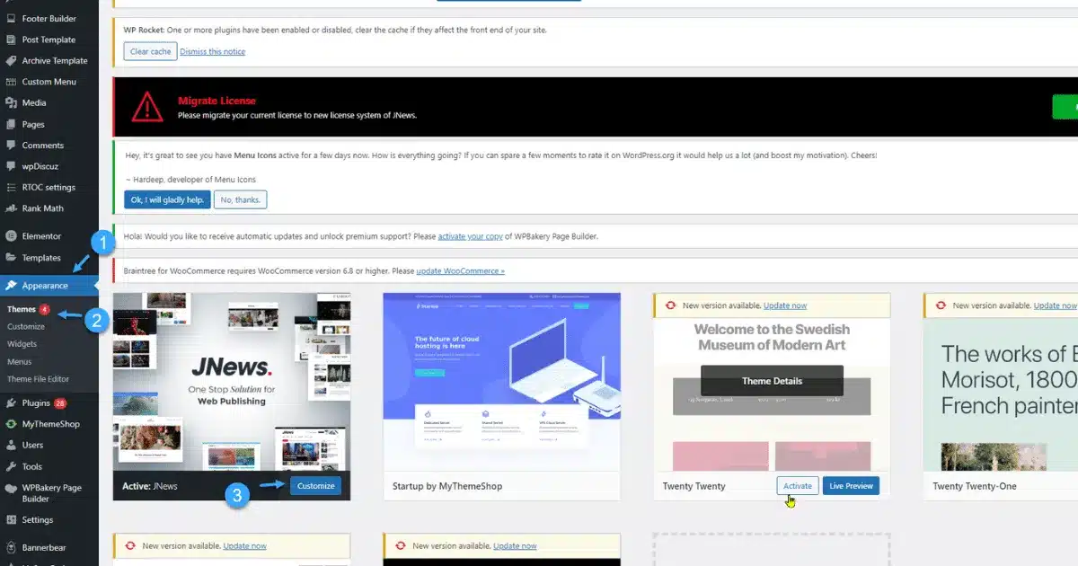 Vào Customize theme để có thể cấu trúc website theo ý mình