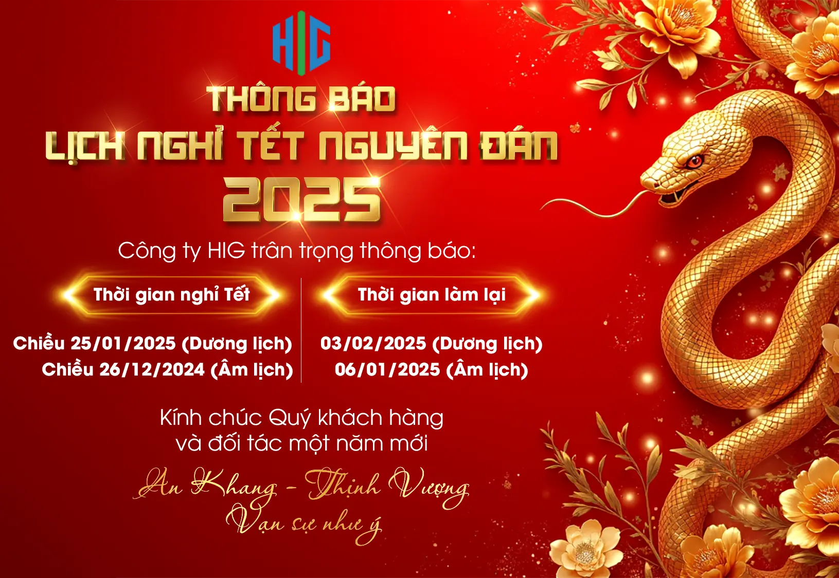 Thông báo lịch nghỉ Tết Nguyên Đán Ất Tỵ 2025